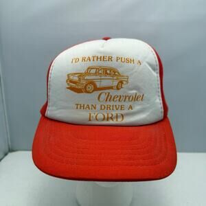Vtg I'd Rather Push a Chevrolet Than Drive a Ford Trucker Hat Orange Dad Grandpa